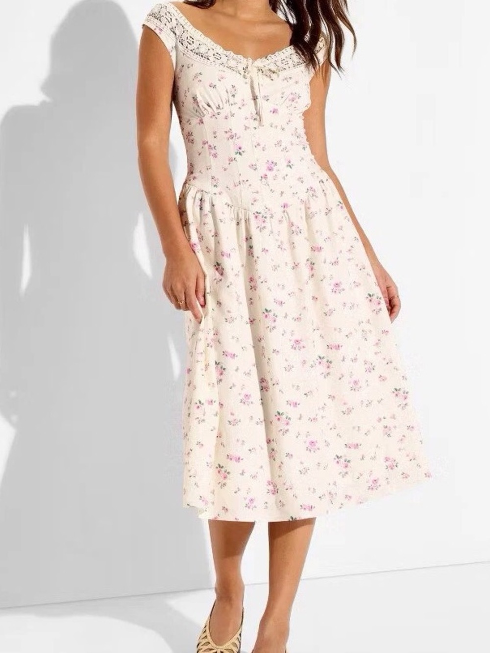 Floral Lace-Trim Cream Midi Dress